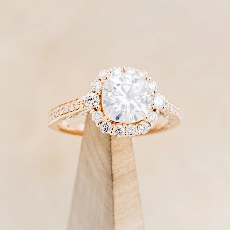 "OPHELIA" - CUSHION CUT MOISSANITE ENGAGEMENT RING WITH DIAMOND HALO & ACCENTS