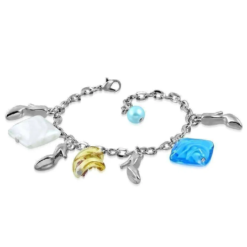 Multi Swirl Glass Bead and Shoes Charm Bracelet in Silver