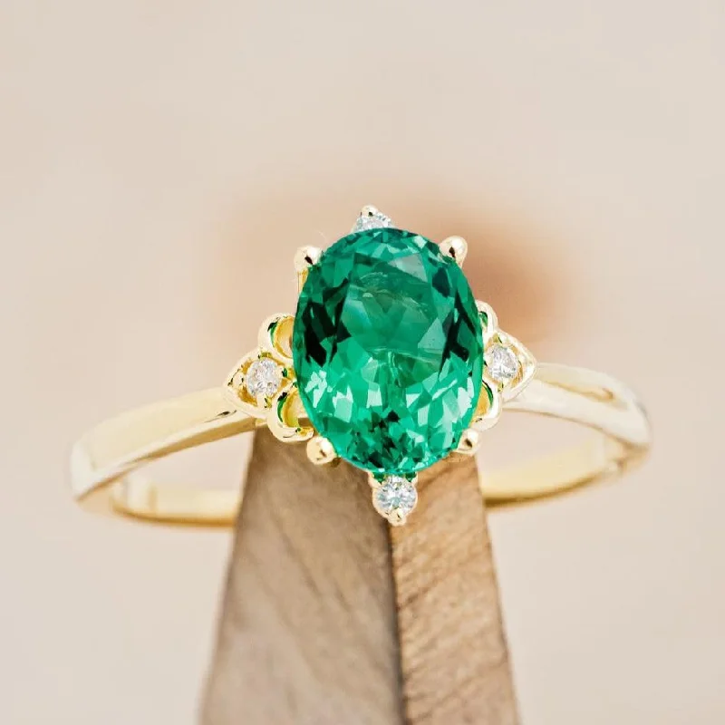 "ZELLA" - OVAL CUT LAB-GROWN EMERALD ENGAGEMENT RING WITH DIAMOND ACCENTS