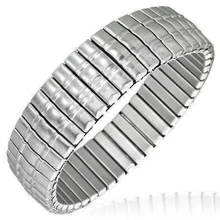 Large Triple Line Domed Bar Link Stainless Steel Stretch Bracelet