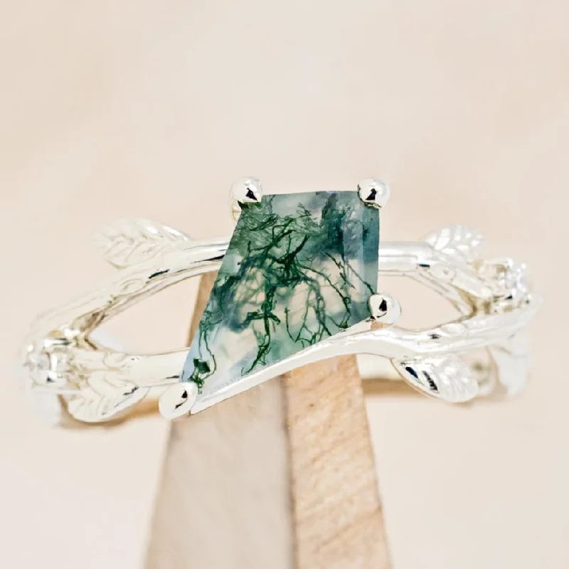 "ARTEMIS ON THE VINE" DIAGONAL - KITE CUT MOSS AGATE ENGAGEMENT RING WITH DIAMOND ACCENTS & A BRANCH-STYLE BAND