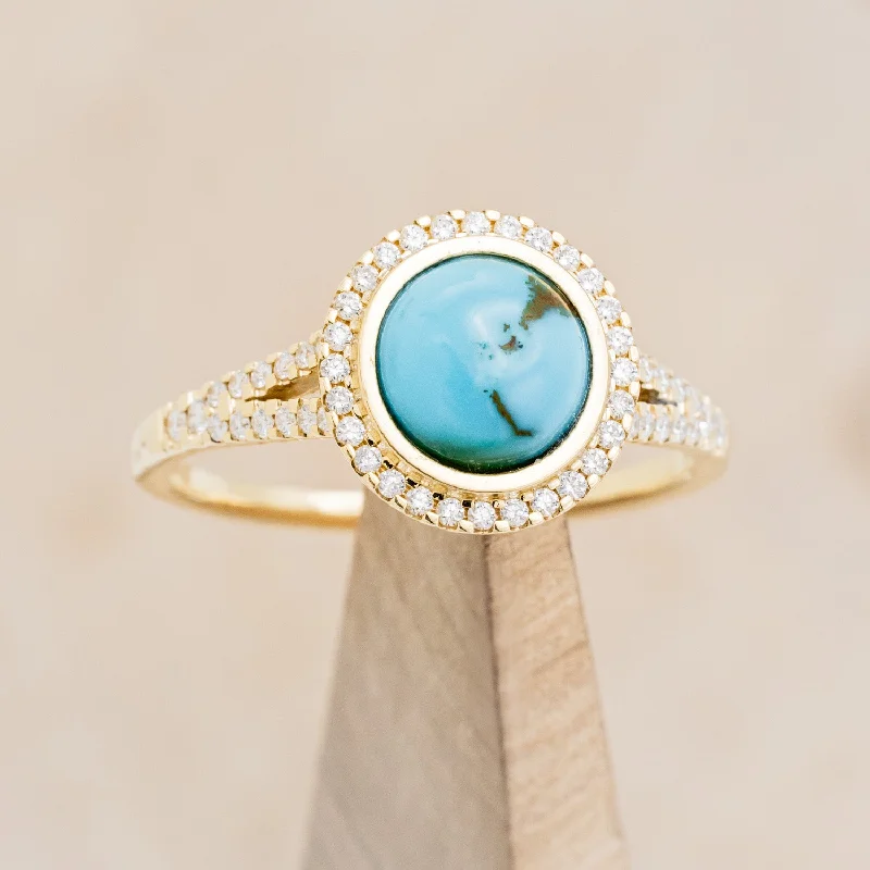 "NOVA" - ROUND CUT TURQUOISE ENGAGEMENT RING WITH DIAMOND HALO & ACCENTS