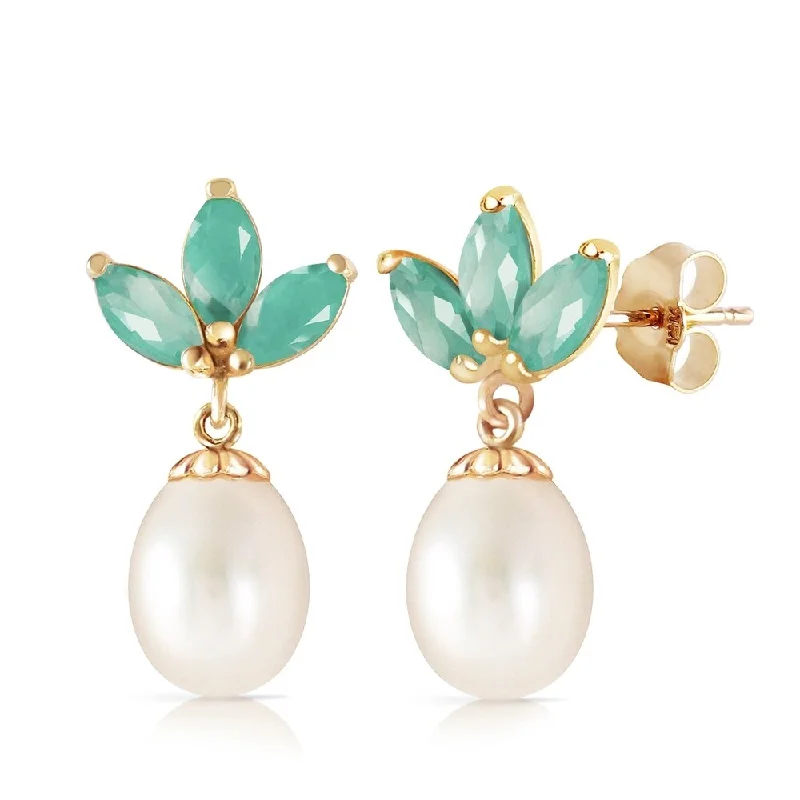 9.5 CTW 14K Solid Gold Dangling Earrings pearl Emerald