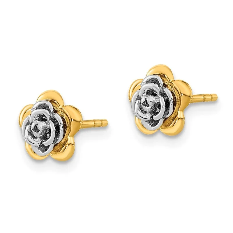 Diamond2Deal 14k Two-tone Gold Flower Post Stud Earrings (L-7.5mm, W-7.5mm)