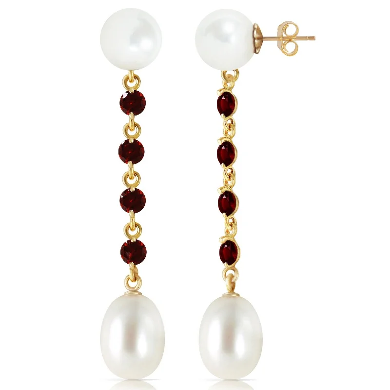 14K Solid Gold Chandelier Gemstone Earrings w/ Garnets & Pearls