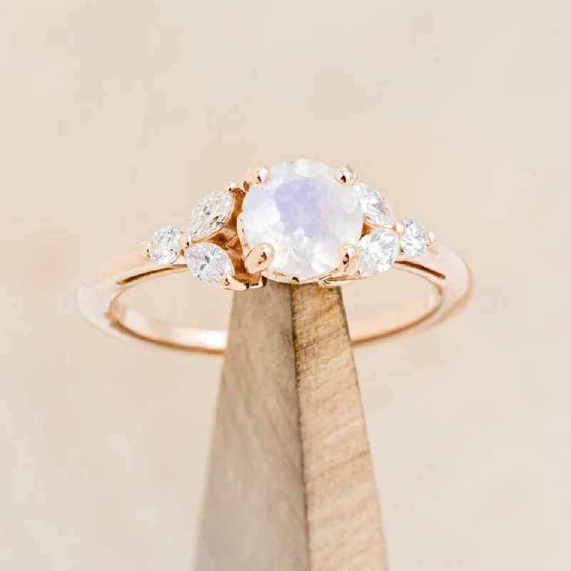 "BLOSSOM" - ROUND CUT MOONSTONE ENGAGEMENT RING WITH LEAF SHAPED DIAMOND ACCENTS