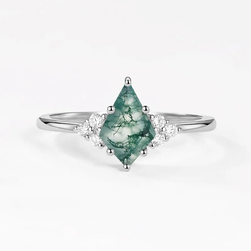 Unique Moss Agate Kite Cut Engagement Ring