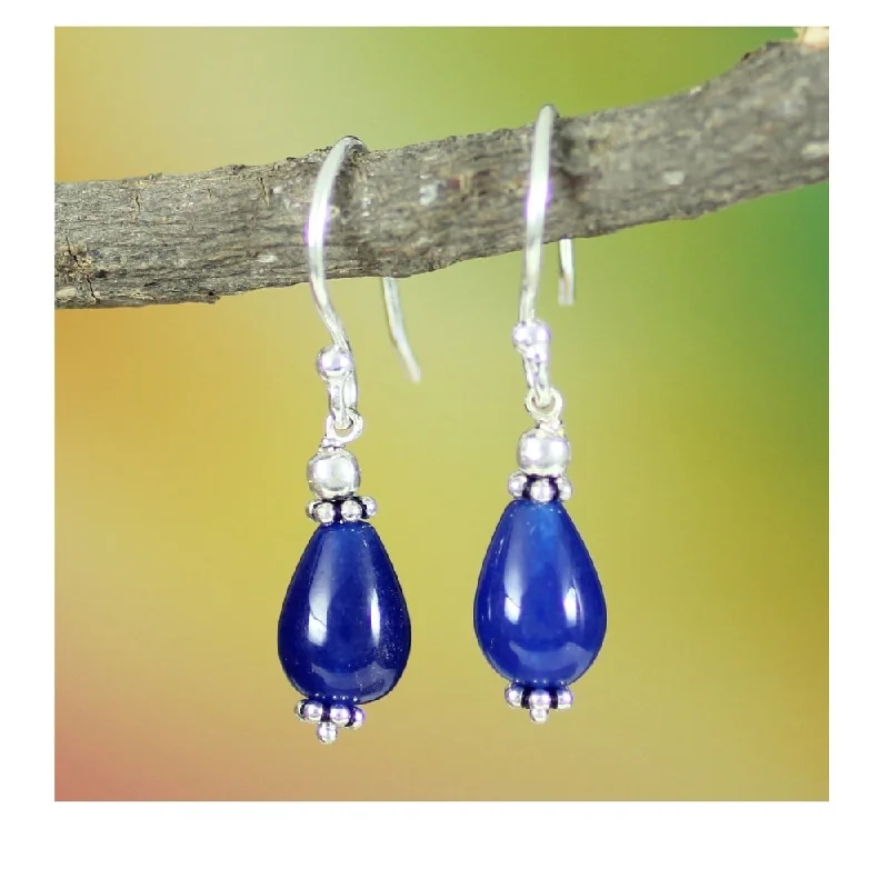 Handmade Sterling Silver 'Blue Dewdrop' Blue Chalcedony Earrings (India) - 1.2*0.3