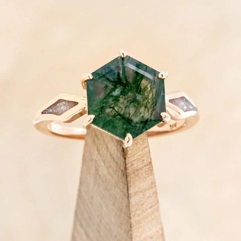 "LOVE STORY" - HEXAGON MOSS AGATE ENGAGEMENT RING WITH DIAMOND DUST INLAYS