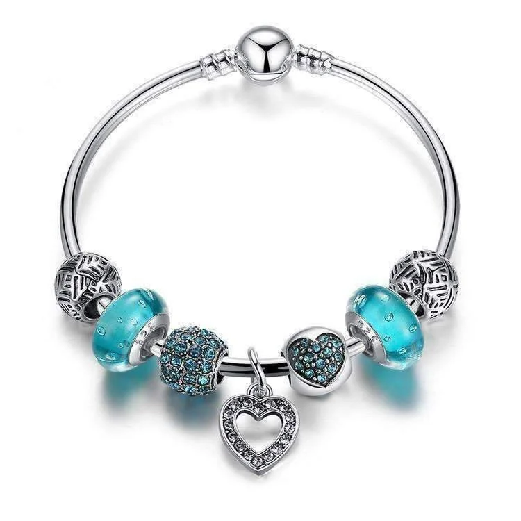 Inspiration Aqua Glass & Crystal Hearts Silver Bangle Bracelet for Woman