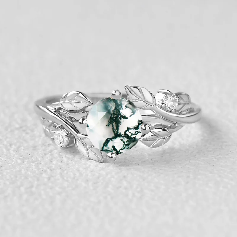 Round Shaped Leaf Moss Agate Engagement Ring - Gardenia