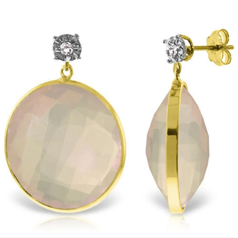 14K Solid Gold Diamonds Stud Earrings w/ Checkerboard Cut Rose Quartz