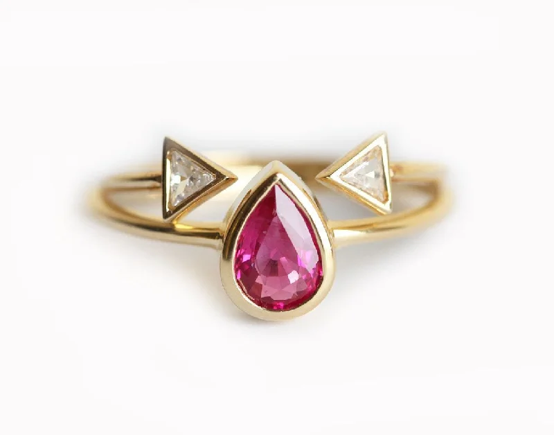 Ruby Engagement Ring, Open Triangle Diamond Band