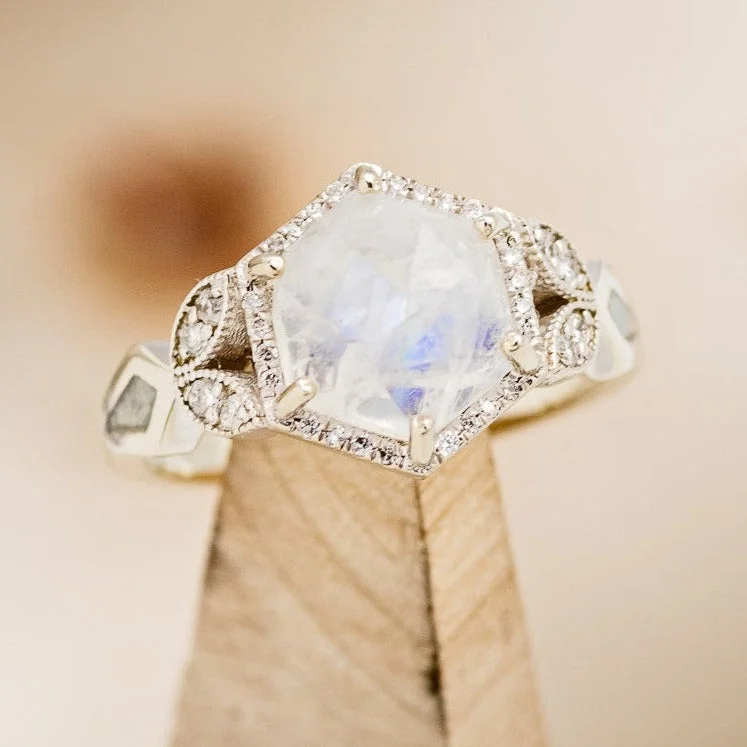 "LUCY IN THE SKY" - FACETED HEXAGON CUT MOONSTONE ENGAGEMENT RING WITH DIAMOND HALO & FIRE AND ICE OPAL INLAYS