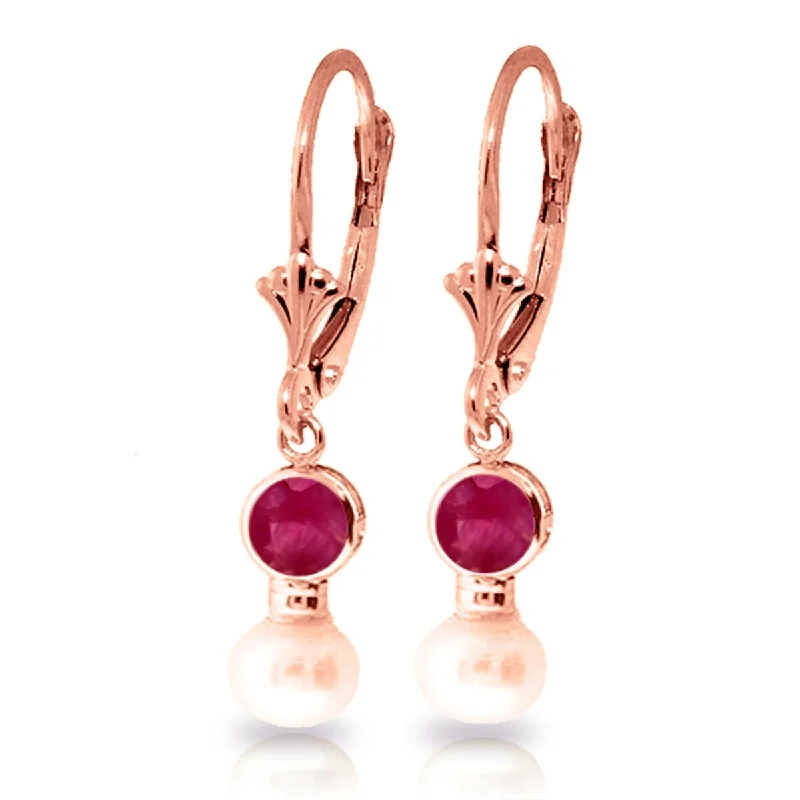 5.2 Carat 14K Solid Gold Leverback Earrings Natural Pearl Ruby