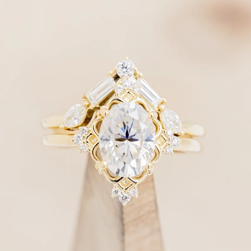 "TREVA" - OVAL MOISSANITE ENGAGEMENT RING WITH DIAMOND ACCENTS & "MELODY" TRACER