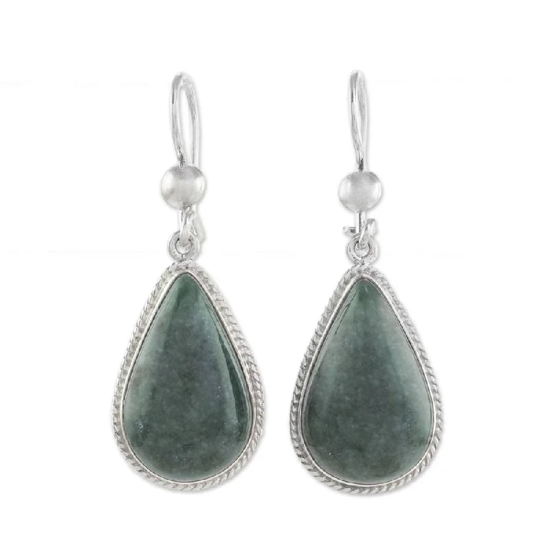 Handmade Sterling Silver 'Dark Green Sacred Quetzal' Jade Earrings (Guatemala) - 1.7 " L x 0.6" W x 0.2 " D