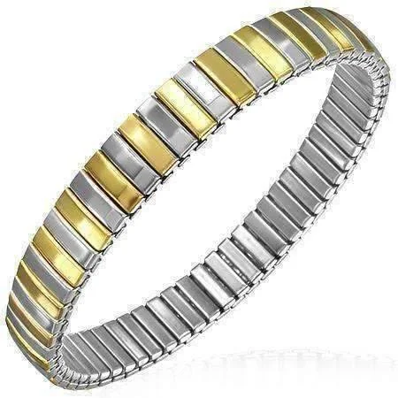 Simplicity Two Tone Bar Link 18K Gold Plated Stainless Steel Stretch Bracelet