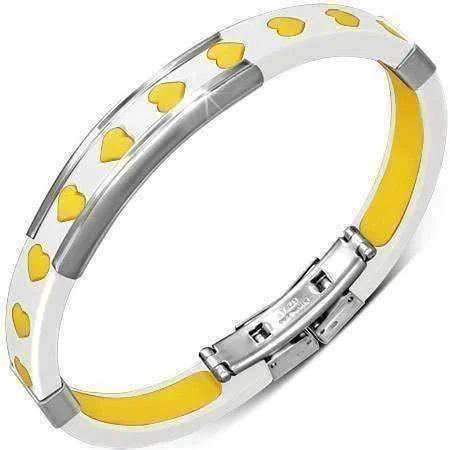 Yellow Hearts White Silicone Bracelet With Stainless Steel