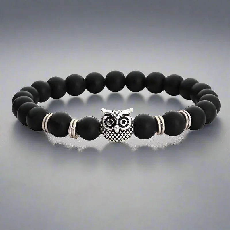 Owl Genuine Black Agate Gemstone Bead Bracelet for Women or Men