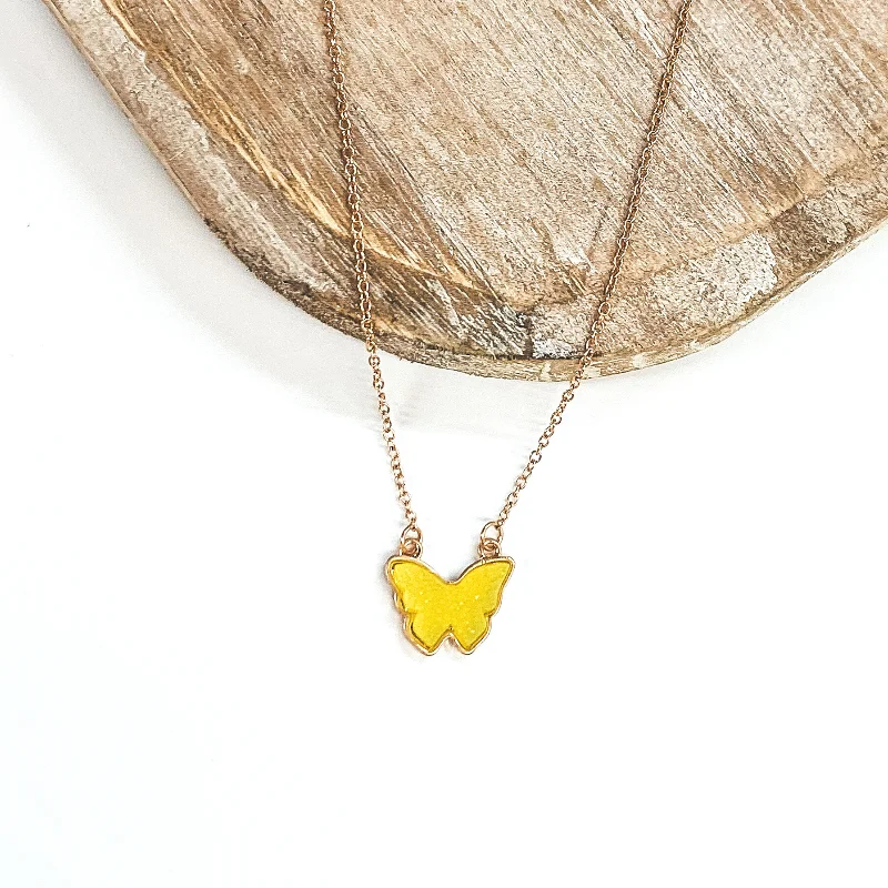 Druzy Butterfly Gold Necklace in Neon Yellow