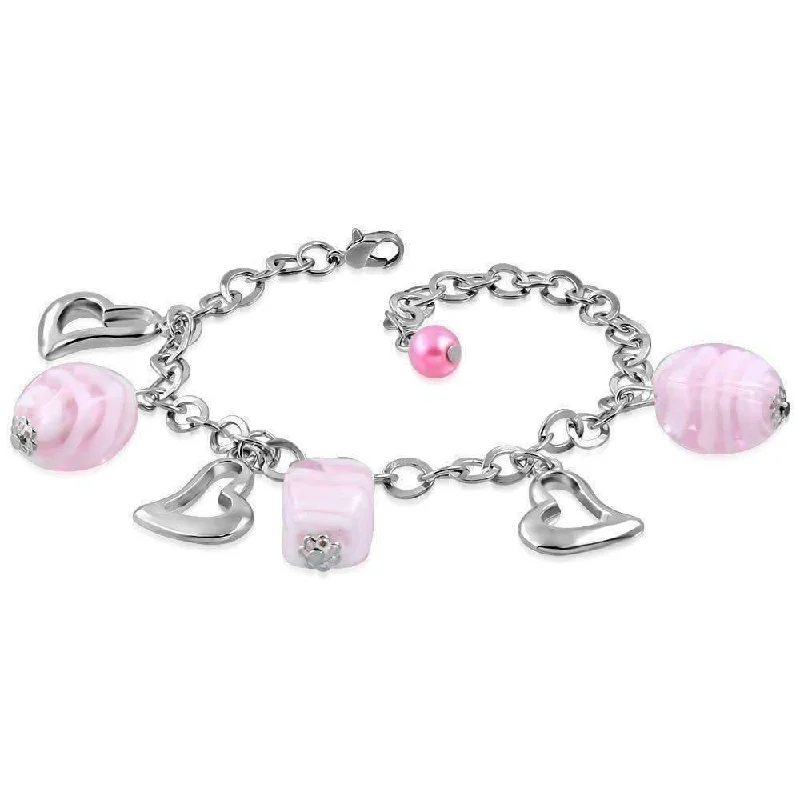 Pink Sugar Swirl Glass Bead and Hearts Charm Bracelet in Silver