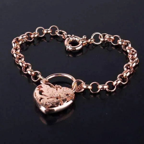 Floral Etched Heart Padlock Charm Bracelet in Rose Gold