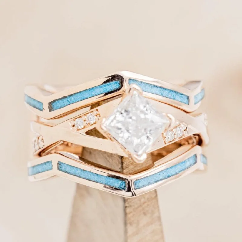 "LINA" - PRINCESS CUT MOISSANITE ENGAGEMENT RING WITH DIAMOND ACCENTS & TURQUOISE RING GUARD