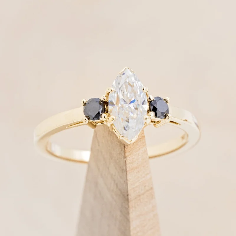 MARQUISE CUT MOISSANITE ENGAGEMENT RING WITH BLACK DIAMOND ACCENTS