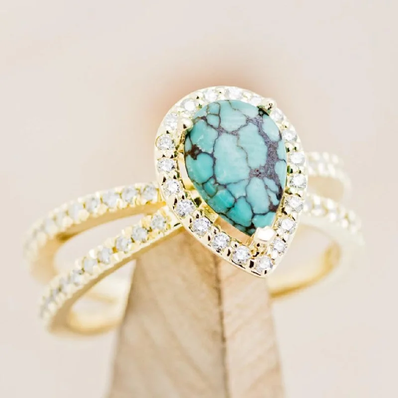 "NALA" - PEAR CABOCHON CUT TURQUOISE ENGAGEMENT RING WITH DIAMOND HALO & ACCENTS