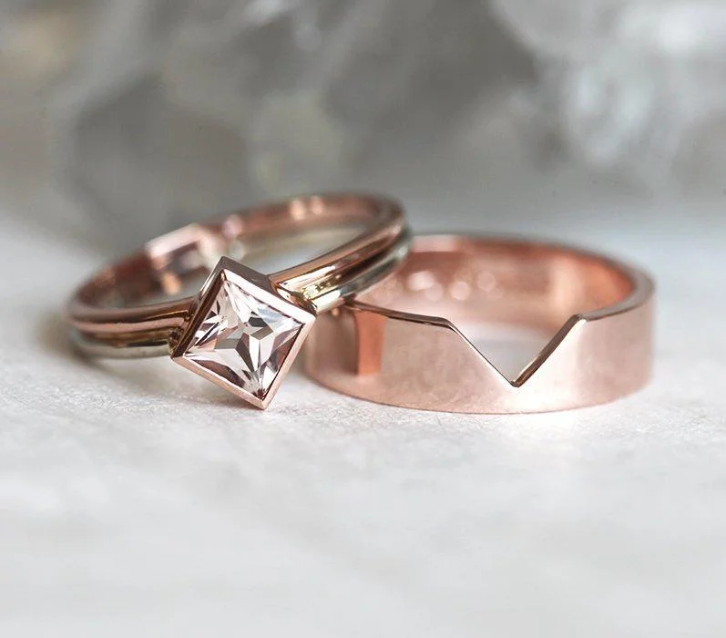 Peach Morganite Engagement Ring Set With Wide Band