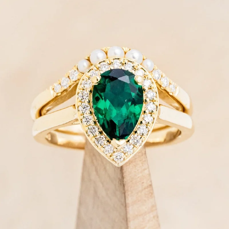 "ARABELLA" - PEAR CUT LAB-GROWN EMERALD ENGAGEMENT RING WITH DIAMOND ACCENTS & PEARL TRACER