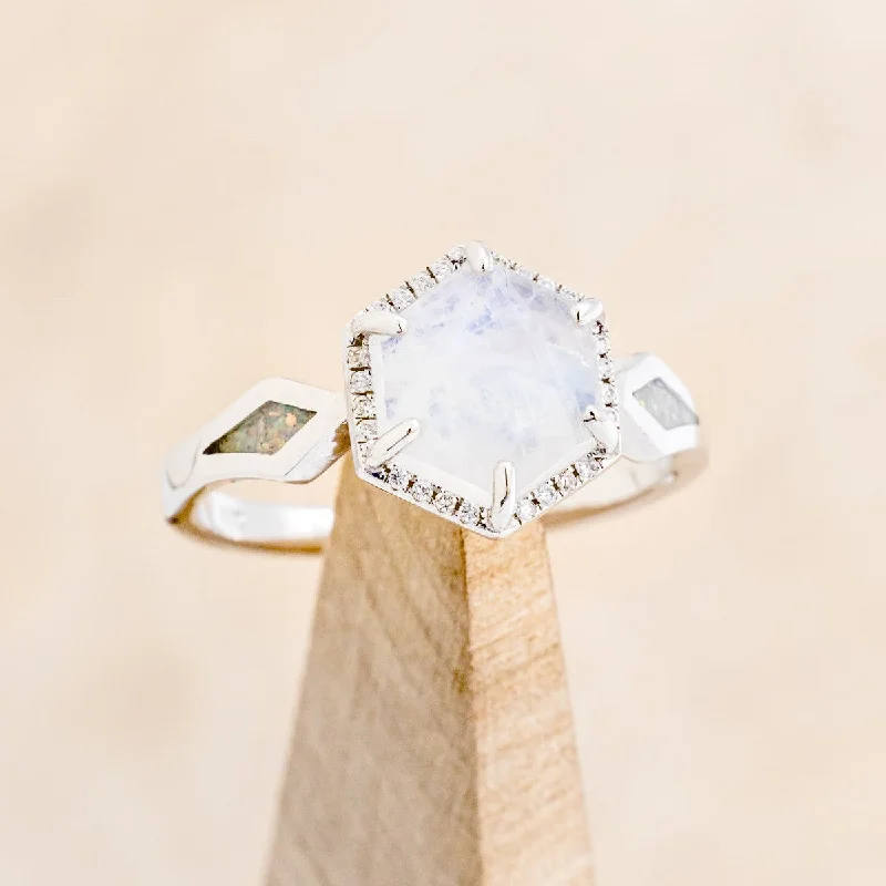 "CRAZY ON YOU" - HEXAGON MOONSTONE ENGAGEMENT RING WITH DIAMOND HALO & WHITE OPAL INLAYS