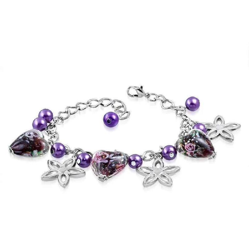 Vines Purple Glass Bead & Silver Flower Charm Bracelet