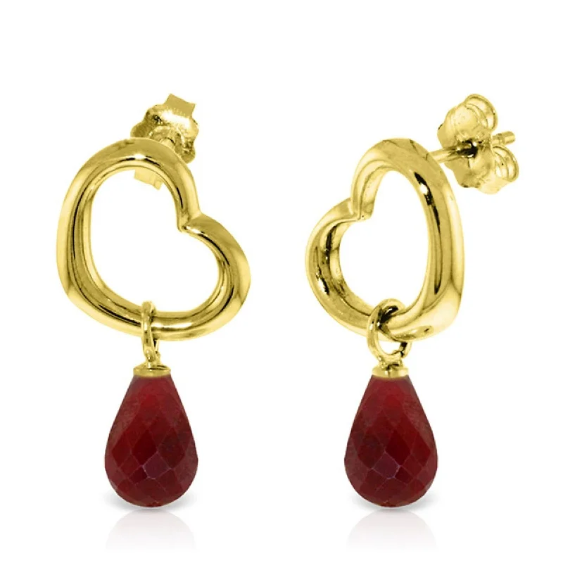 14K Solid Gold Heart Gemstone Earrings w/ Dangling Natural Rubies