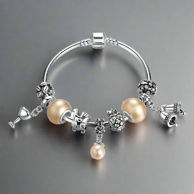 Peach Champagne Celebration Charm Bead Collection Silver Bangle Bracelet