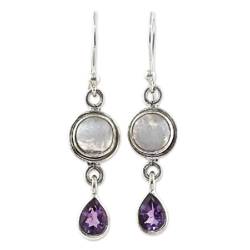 NOVICA Handmade Sterling Silver Amethyst Moonstone Earrings (India) - 1.6*0.4