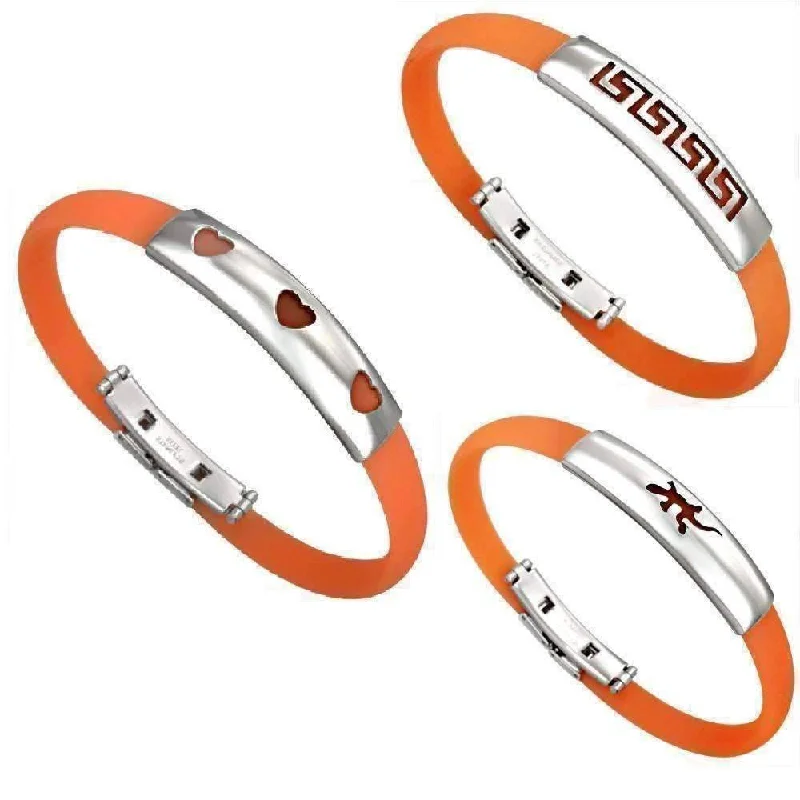 Orange Band Silicone Bracelet with Stainless Steel Cut Out Designs ~ Choose Your Design