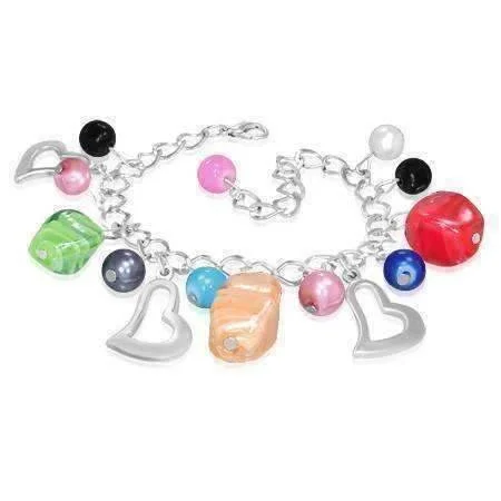 Razzle Dazzle Glass Bead & Silver Heart Charm Bracelet