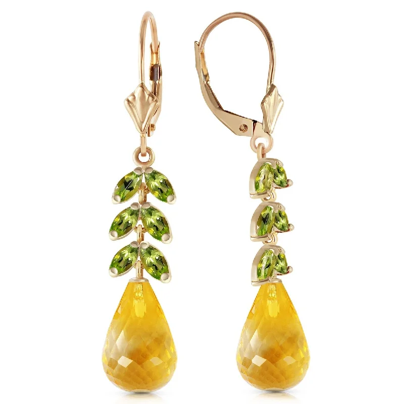 14K Solid Gold Leverback Gemstone Earrings w/ Peridot & Citrines