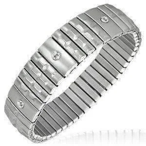 Domed Texture Bar Segment Stainless Steel Stretch Link Bracelet with CZ Accents