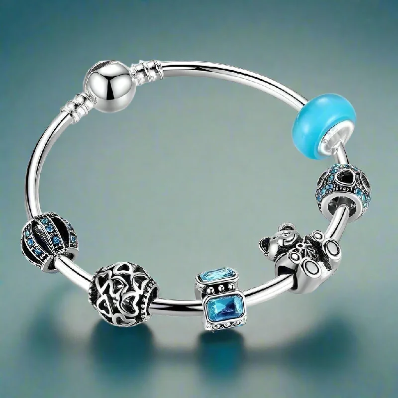 Beary Cute OB Aqua Crystal & Hearts Silver Bangle Bracelet