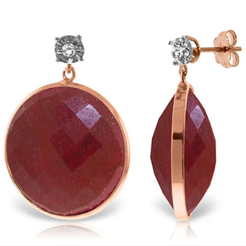 14K Solid Gold Diamonds Earrings w/ Dangling Round Cut Dyed Rubies