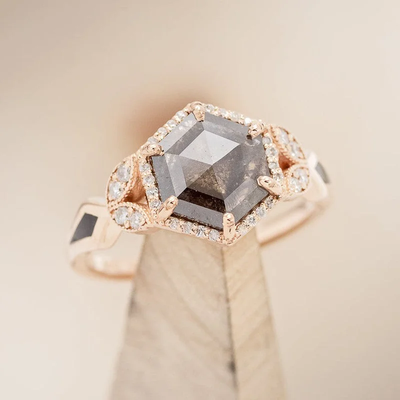 "LUCY IN THE SKY" - HEXAGON ROSECUT SALT & PEPPER ENGAGEMENT RING WITH JET STONE INLAYS