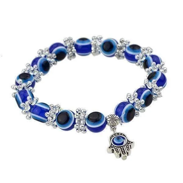 Blue Bead Evil Eye Hamsa Hand Charm Silver Tone Bracelet for Women