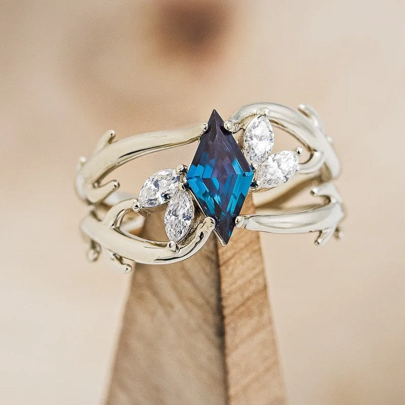 "ARTEMIS" - LOZENGE CUT LAB-GROWN ALEXANDRITE ENGAGEMENT RING WITH MARQUISE DIAMOND ACCENTS