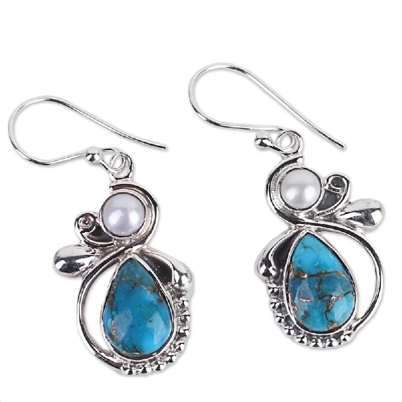 NOVICA Handmade Joyous Blue Sky Sterling Silver Cultured Pearl Earrings (India) - 1.6*0.6