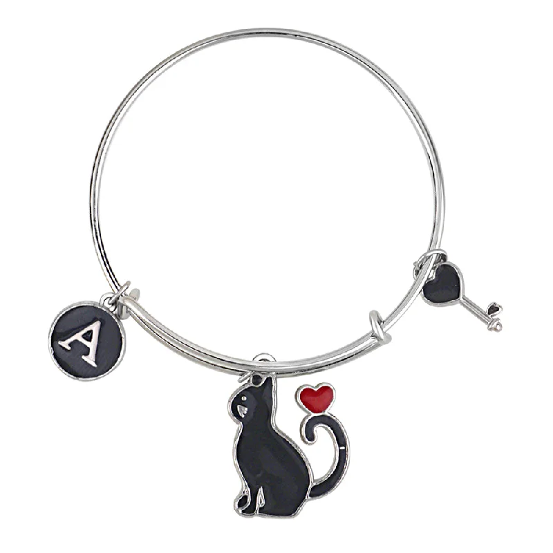 Mahi A Letter Cat & Lock Shaped Rhodium Plated Enamel Work Charms Kids Bracelets for Kids (BRK1101001R)