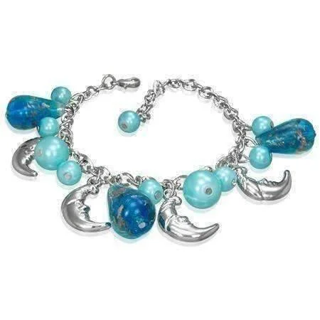 Man in the Moon Blue Glass Bead & Silver Charm Bracelet for Women