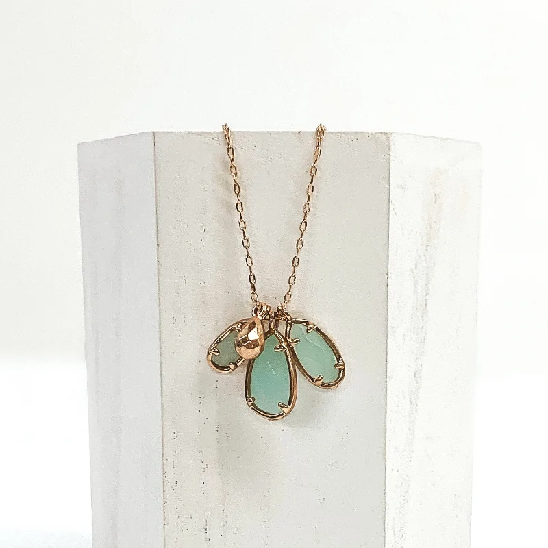 Gold Necklace with Teardrop Stone Pendants in Sage